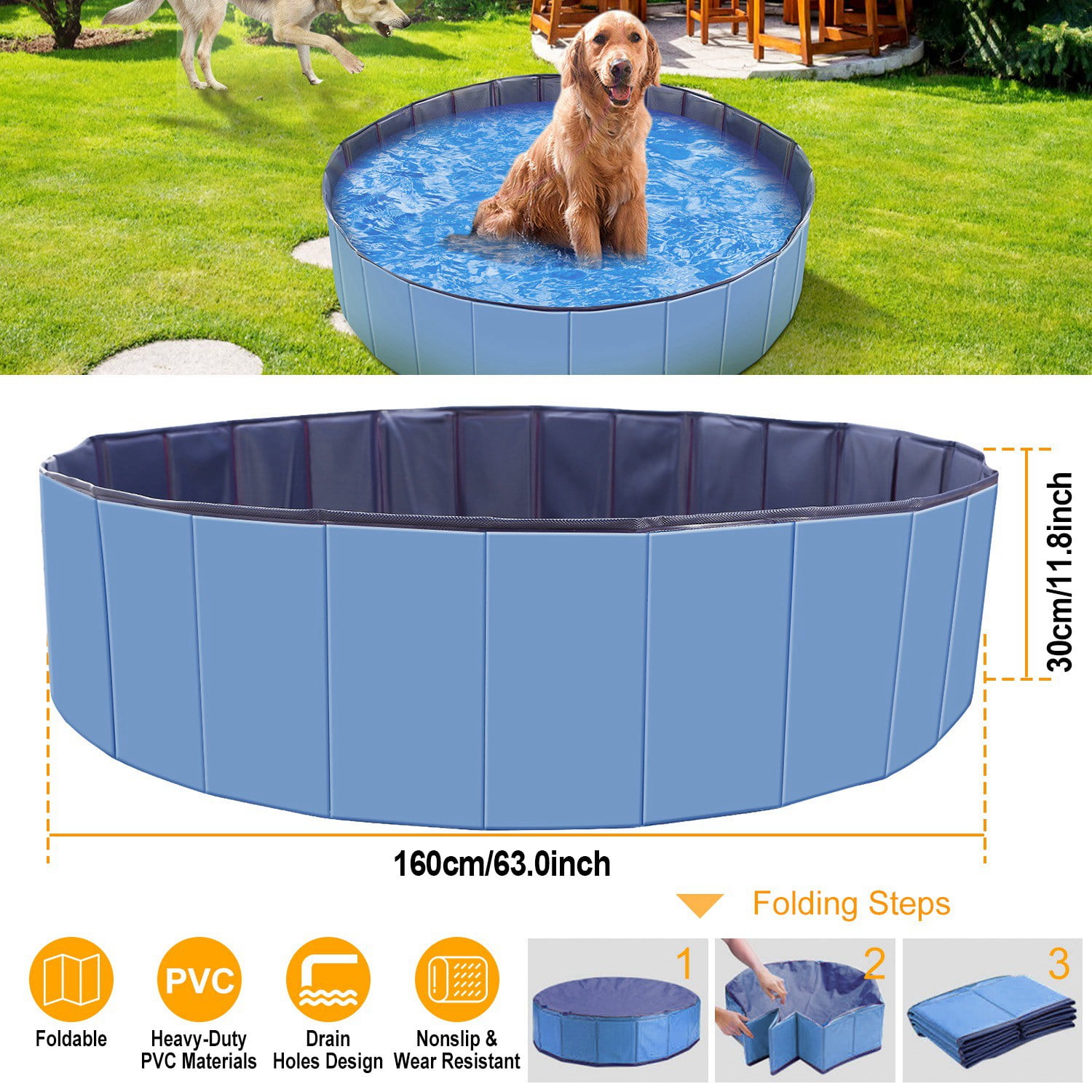 63x12" Foldable Dog Kiddie Pool Non-Slip Collapsible Dog Pool Hard PVC Doggie Swimming Pool for Indoor Outdoor Backyard Blue