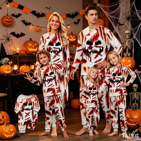 Horror Print Sleeve Holiday Loungewear Outfit, Family Halloween Pajamas Matching Sets
