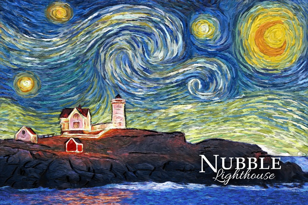 Nubble Lighthouse, Maine, Starry Night (12x18 Wall Art Poster, Room