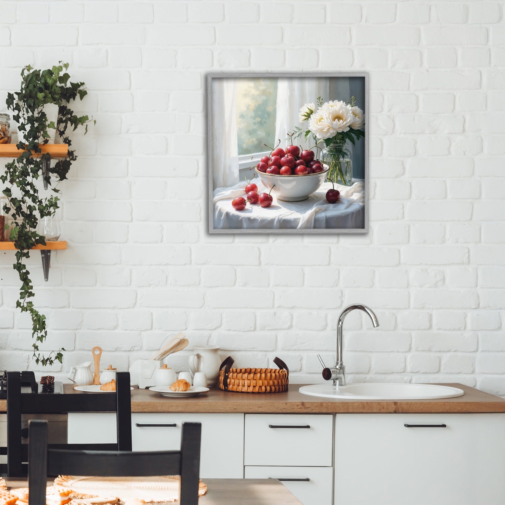 Cherries & Flowers Still Life Gray Framed Giclee Art, design by Lettered and Lined