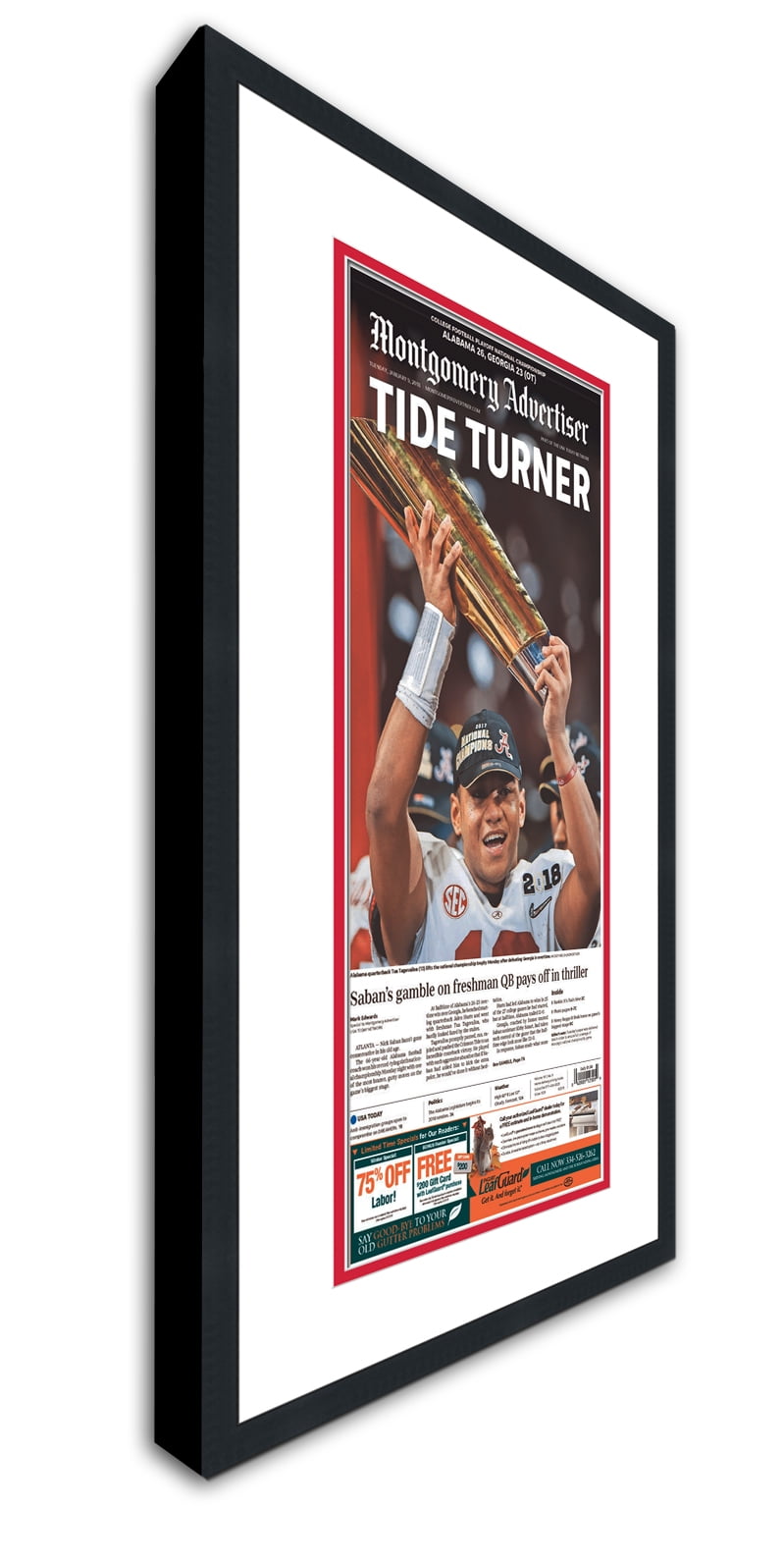 11x22 Newspaper Frame with White and Red Double Mat Made to Display