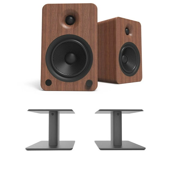 Kanto YU6WALNUT 200W Bookshelf Speakers with Bluetooth - Walnut (Pair) with Kanto SP6HD 6" Fixed-Height Desktop Stands for Bookshelf Speakers - Black (Pair) (2022)