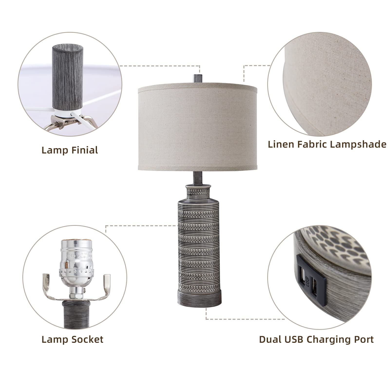 JUJUYUYOP Ceramic Table Lamp Set (2-Piece), 24" Three-Level Dimmable Bedside Lamp, Suitable for Bedrooms and Living Rooms