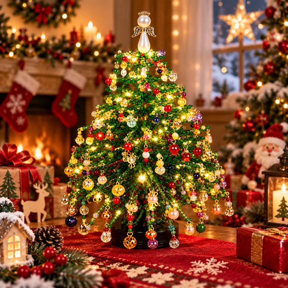 DIY Beaded Christmas Tree Kit with String Lights, 3D Crystal Bead Holiday Craft Set, Tabletop Decor for Christmas Home Decoration and Gift Giving