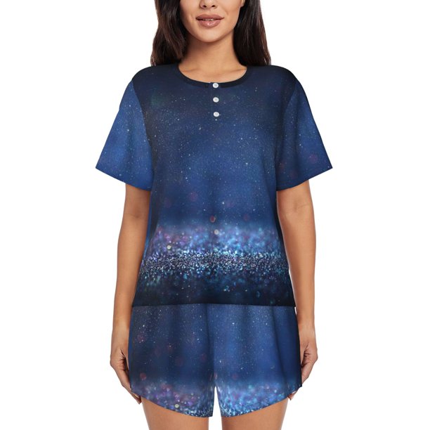 Fotbe Retro Blue Glitter Conjunto de Pijama Estampado para Mujer, 2 Piezas, Ropa de Dormir con Camiseta de Manga Corta y Shorts Suaves-Small