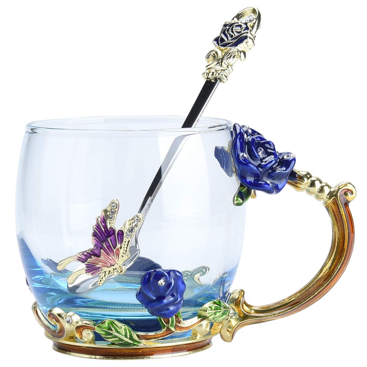 Tea Cup Glass Coffee Mugs Enamel Rose Flower Butterfly Drinking Cups