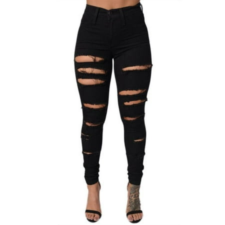Women High Waisted Stretch Ripped Skinny Jeans Butt Lift Distressed Denim Long (Best Distressed Boyfriend Jeans)
