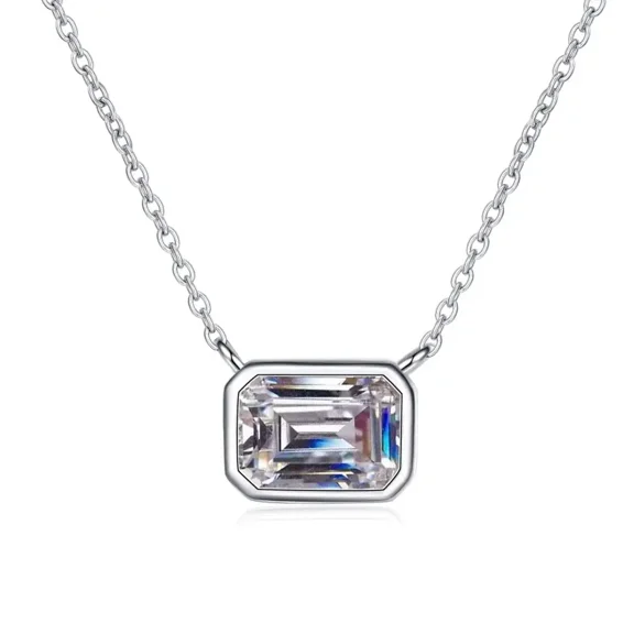 Aishvi Jewels 2 Ct Emerald Cut Bezel Set Solitaire Moissanite Pendant Necklace 925 Sterling Silver White Gold Plated