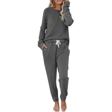 

Coutgo Women s Autumn Round Neck Long Sleeve Pajama Set