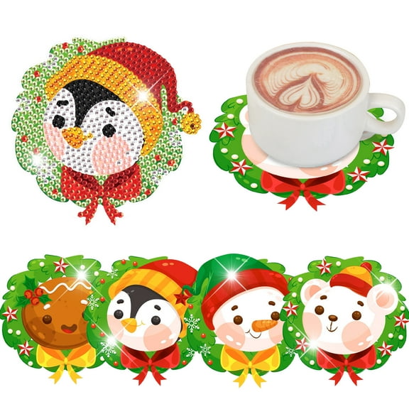 4pcs DIY Diamond Painting Coaster Kit with Christmas Penguin Design and Stand, Perfect for Home Decor and Gift Giving