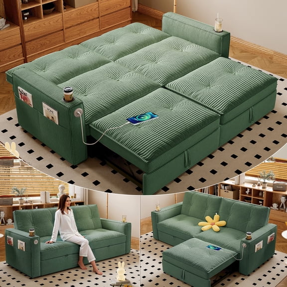 LLappuil 73" Pull Out Sofa Bed Queen Size, Loveseat Sofa Convertible Sleeper Sofa Bed, Corduroy Sofa Couch for Living Room Green