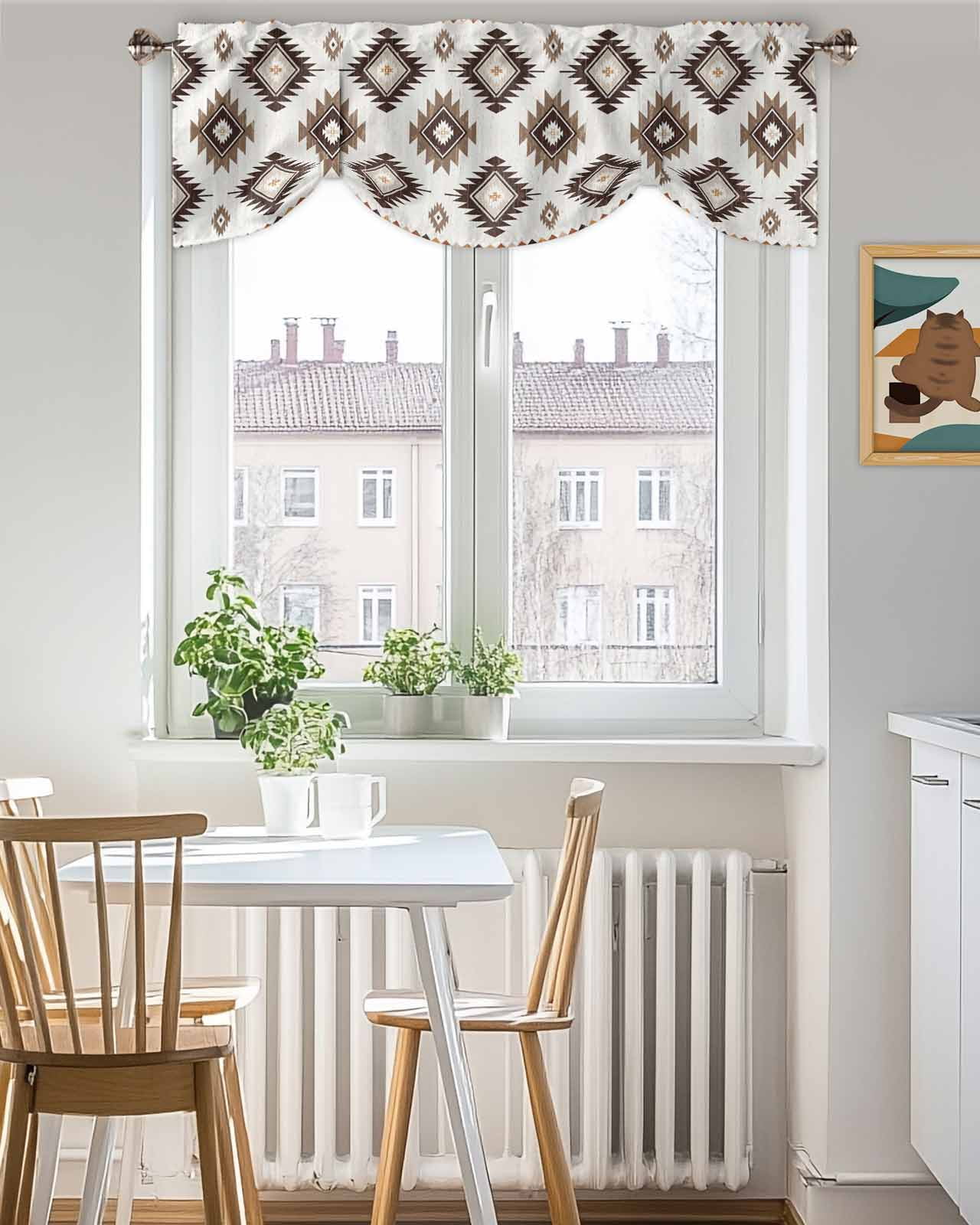 Khaki Brown Tie Up Valances Curtain, Adjustable Kitchen Aztec Ethnic Southwestern Native Geometric Valances for Windows Decor, Rod Pocket Short Curtains Set for Bedroom/Bathroom, 54"x18"