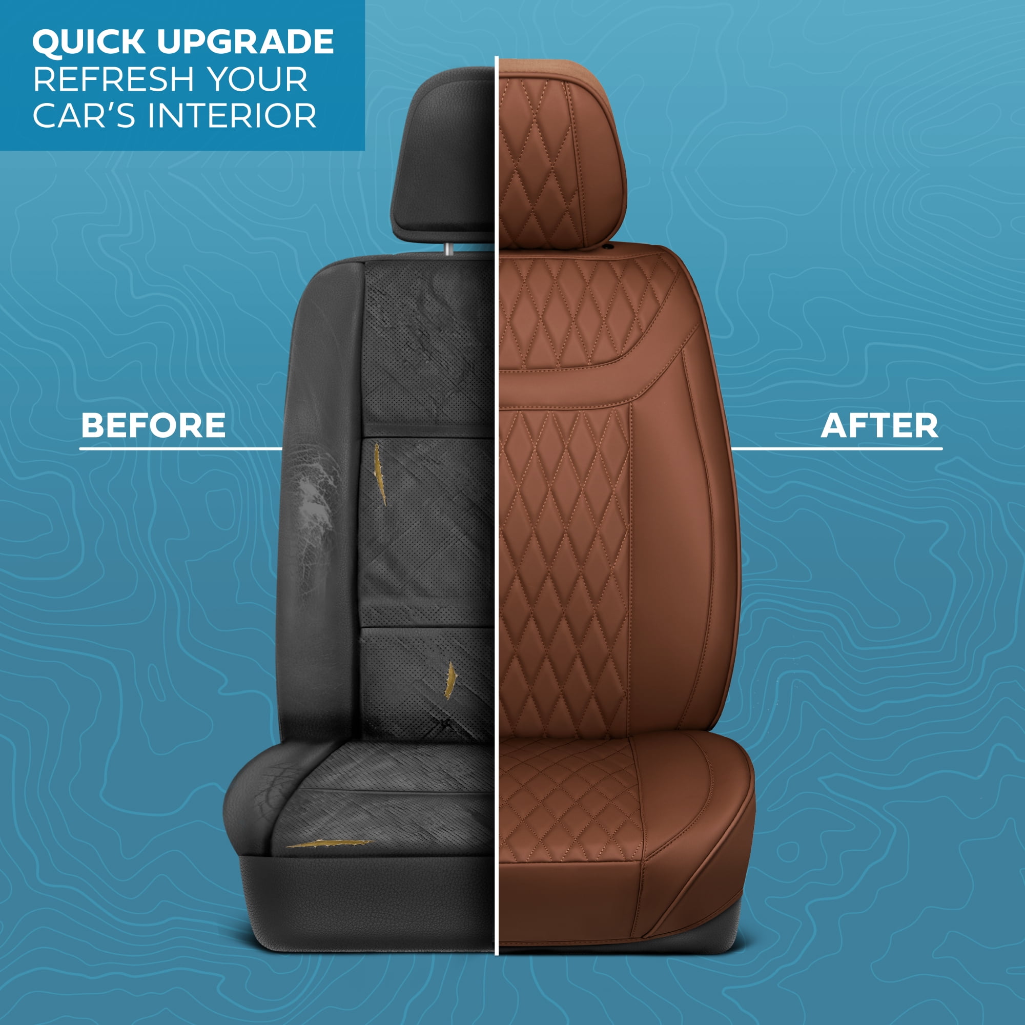 MotorBox Car Seat Covers - Ranch Leatherette Faux Leather Brown Seat Covers for Car - Diamond Stitched Cushioned Interior Protectors for Automotive Accessories, Trucks, SUV, Cars - Two Front Covers