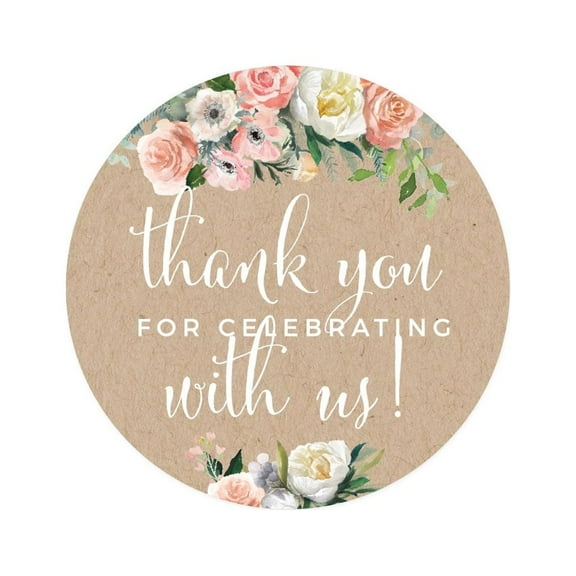 Peach Coral Kraft Brown Rustic Floral Garden Party Wedding, Circle Label Stickers, Thank You for Celebrating, 40-Pack