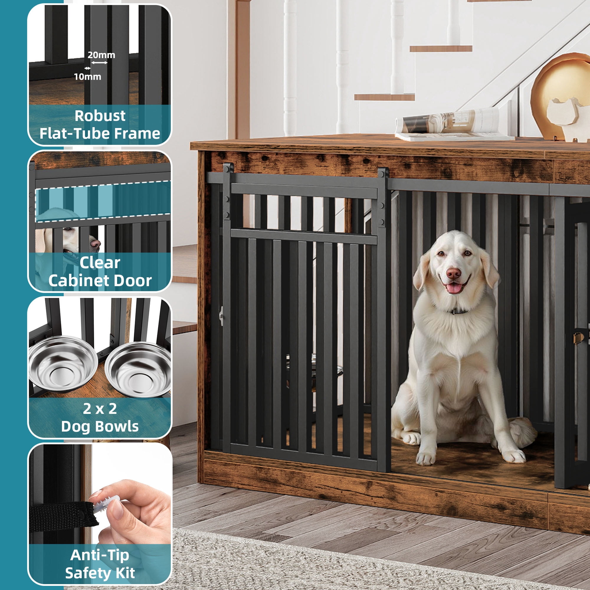Uforic 71" Double Dog Crate Furniture, Heavy Duty Wood Dual Kennel TV Stand with Sliding Doors & Dog Bowls (Rustic Brown)