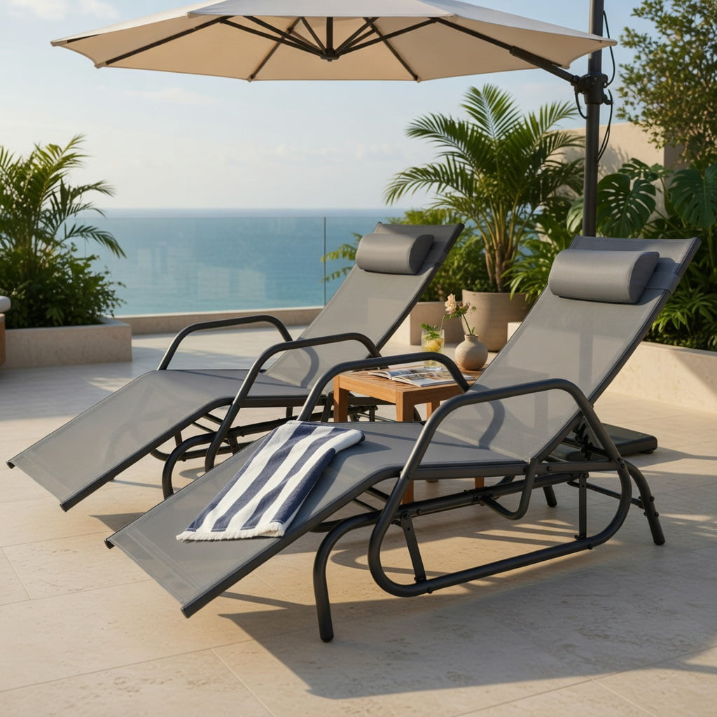 Hommoo Outdoor Chaise Lounge Glider Chair with Adjustable Backrest, Removable Pillow & Quiet Gliding Arms, Fabric & Metal Design, Gray