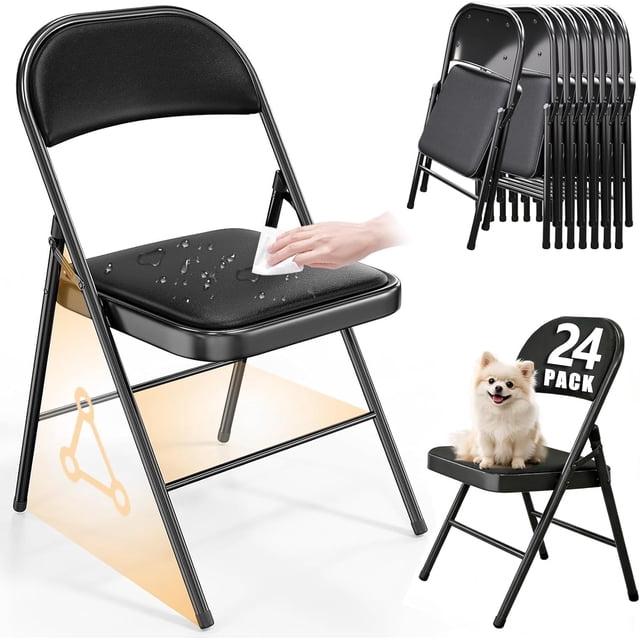 Metal Folding Chairs 24 Pack, Portable Stackable Seat with Steel Frame and Soft PU Cushion, Foldable Party Chair Set for Office, Waiting Room, Party (Padded-Black, 24 Pack)