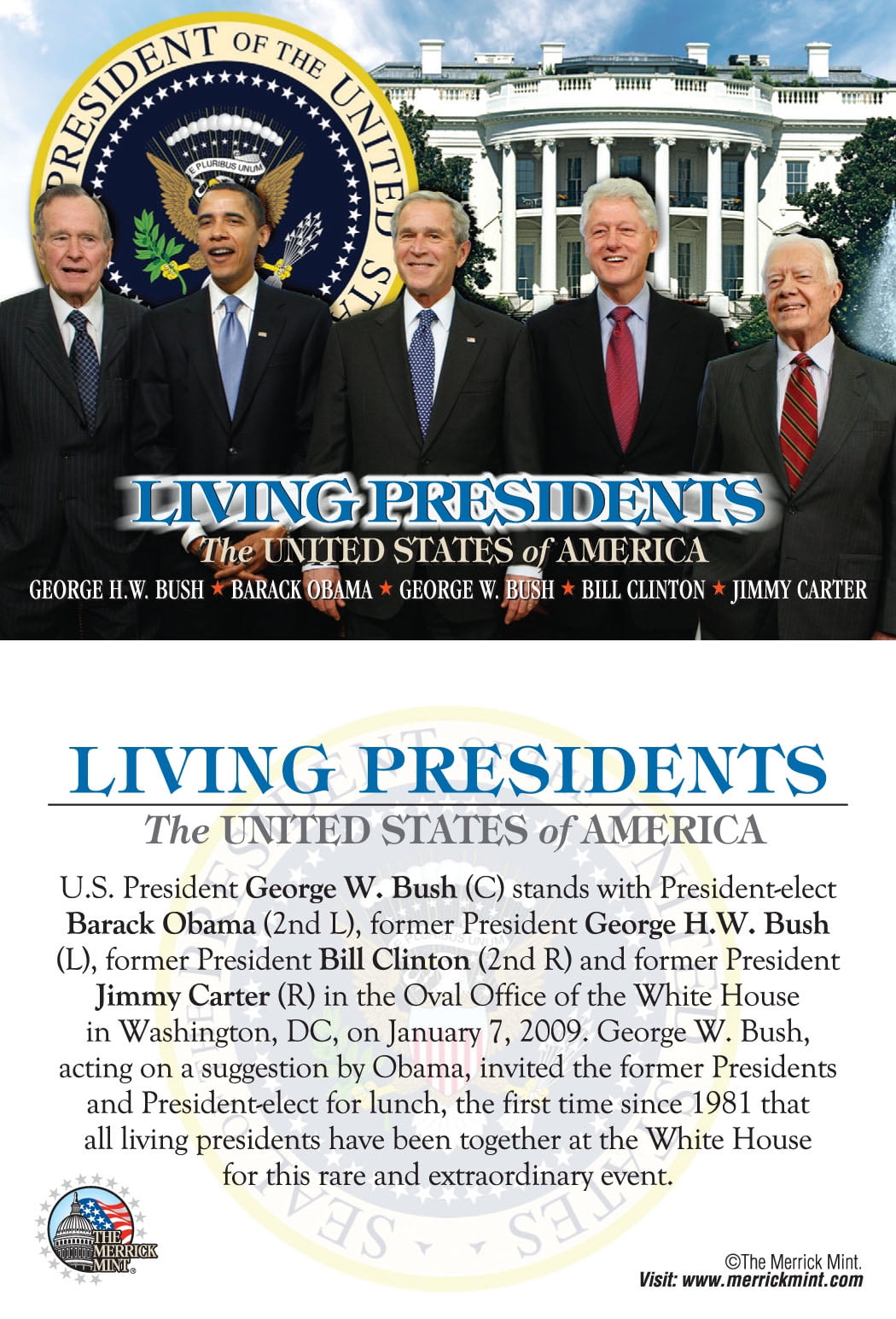 LIVING PRESIDENTS USA 3.5" x 5" Jumbo Card OBAMA BUSH CLINTON CARTER