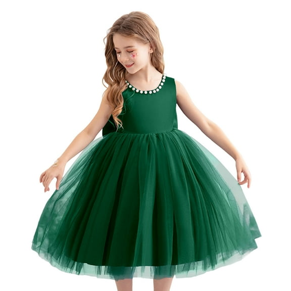 RUTAYY Children Girls Dress Round Neck Solid Color Wedding Flower Girl Skirt Piano Performance Everyday Wear Elegant Casual Dresses