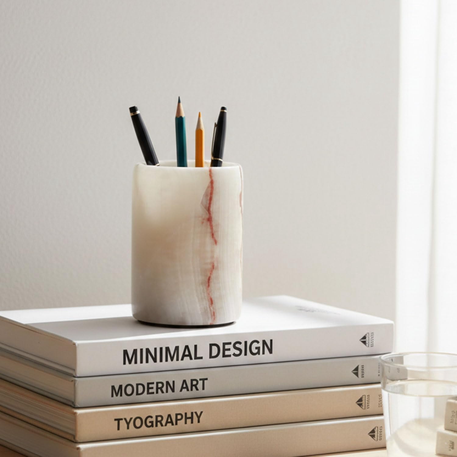 Radicaln White Onyx Marble Stationary Holder 4" – Pen Cup for Desk, Makeup Brush Organizer, Toothbrush Holder, Pencil Storage, Office Supplies & Home Décor
