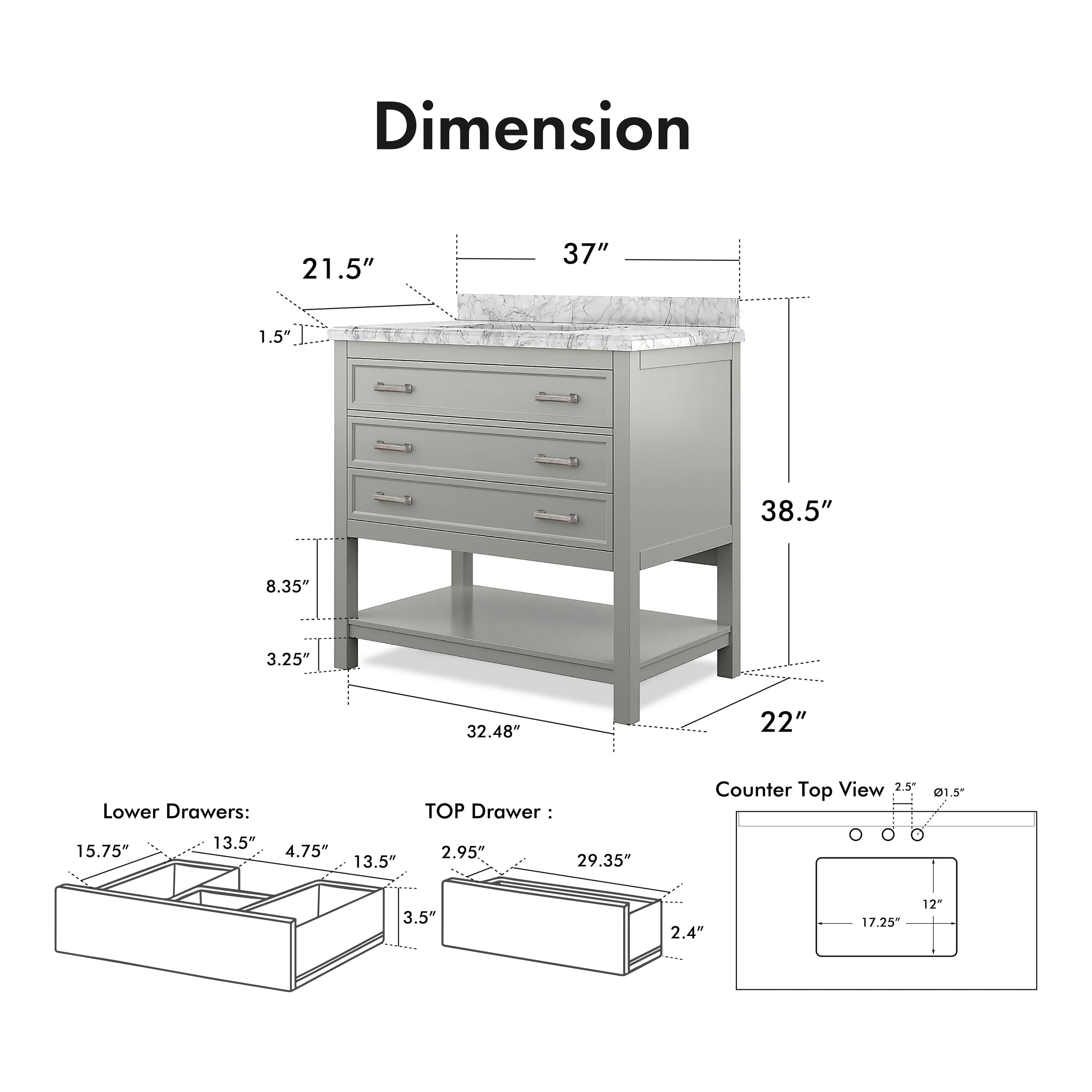 Furniture of America Freya 37" Gray Single Bathroom Vanity with White Carrera Marble Top and Undermount Sink