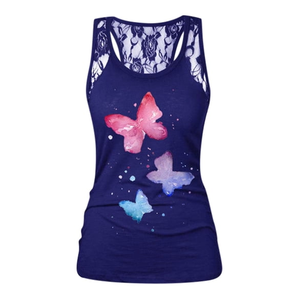 JINMGG Tank Tops for Women under $5,Women's Fashion Butterfly Print Vest Sleeveless LaceTank Tops Casual Blouse Tops Blue XXL