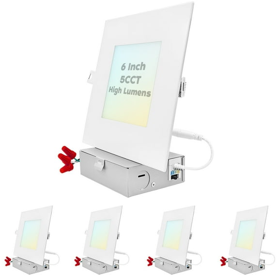 Luxrite 6 inch Ultra Thin Square LED Recessed Light with J-Box, 15W, 5 Color Selectable 2700K-5000K, 1400 Lumens, Dimmable, IC Rated 4-Pack