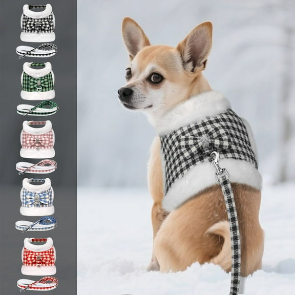 Pet Artist Luxury Plaid Design Warm Plush Dog Harness and Leash Set with Detachable Bow - Soft Vest for Small Medium Dogs, Puppies and Cats, Adjustable Winter Pet Coat
