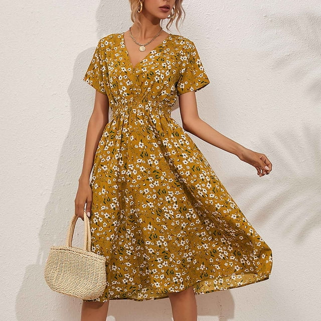 zanvin Robe Femme, Robe d'Été Décontractée à Manches Courtes Col en V Florale Slim, Jaune, TG