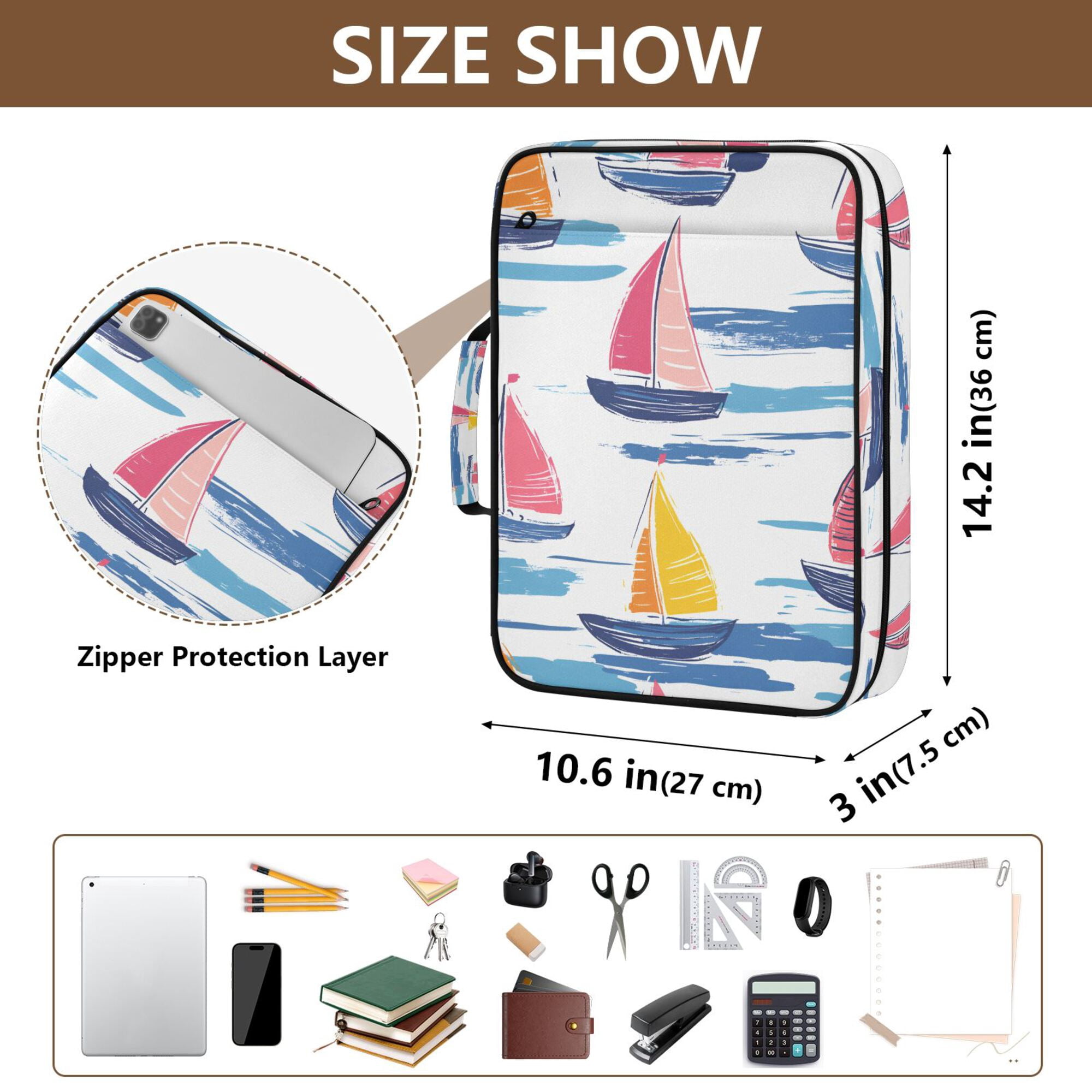 FORMRS Accordion File Folder A4 Size 7-Pocket Expanding Document Organizer Bag with 3 Ring Binder, Pink Hand Drawn Sailboats