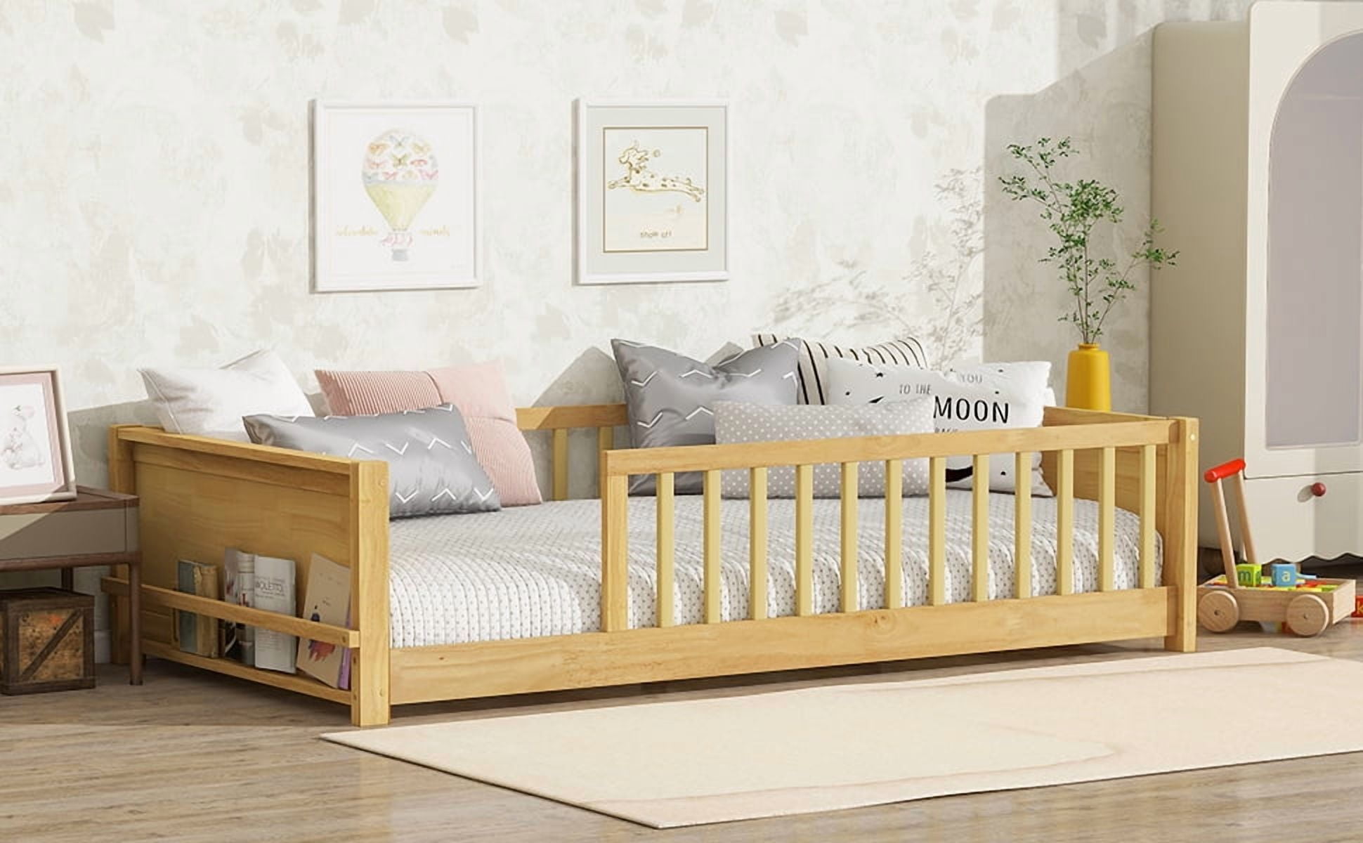 Yoneston Kids Twin Size Floor Platform Bed Frame with Built-in Book Rack Storage & Guardrails for Toddlers Teens Boys Girls Bedroom Furniture, Natural
