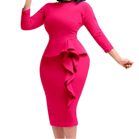 Ersazi Maxi Dress in Clearance Fashion Women Spring Sexy Casual Round-Neck Solid Slimming Long Leeve Dress Hot Pink 3Xl