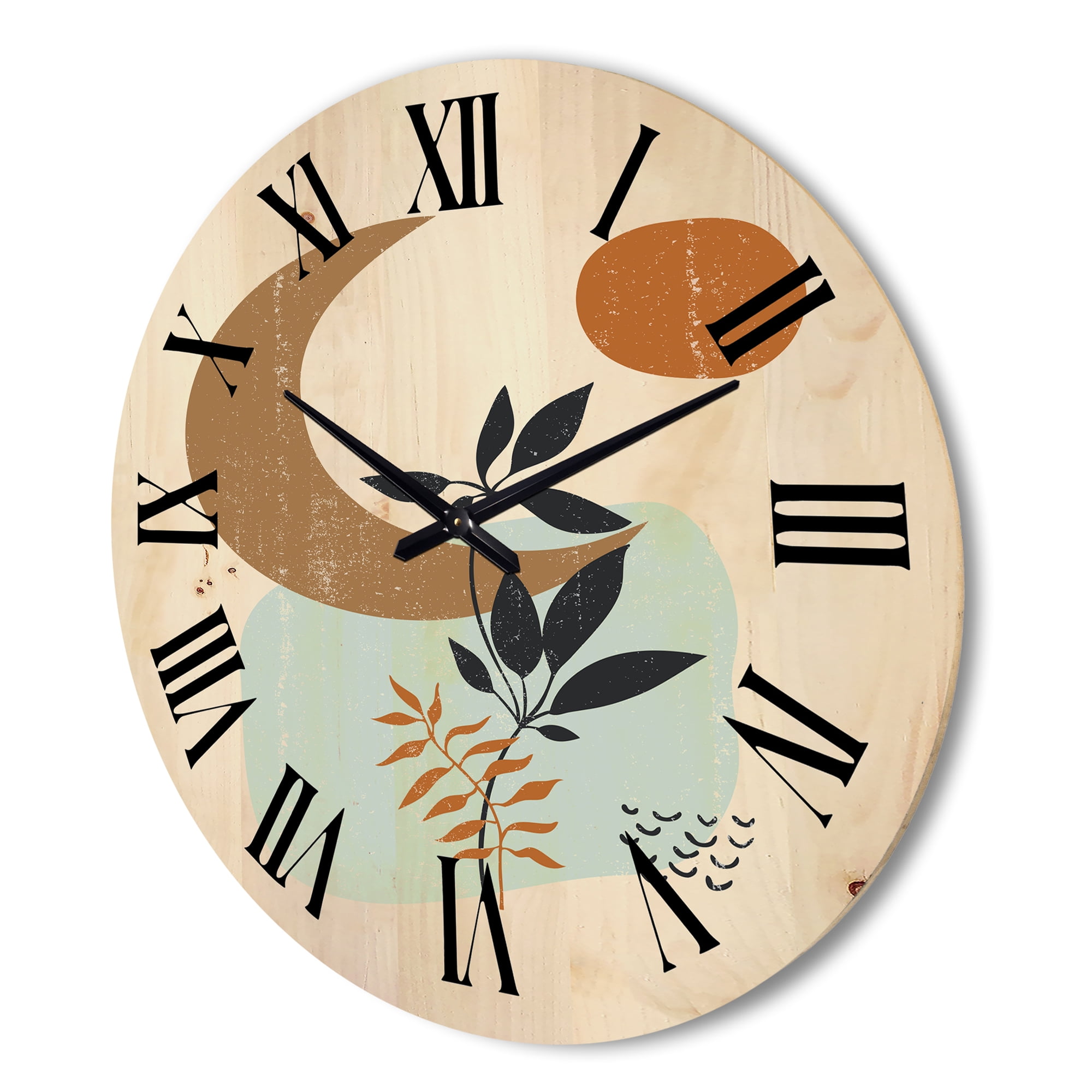 Designart 'Abstract Moon and Sun With Minimal Plants' Modern Wood Wall Clock