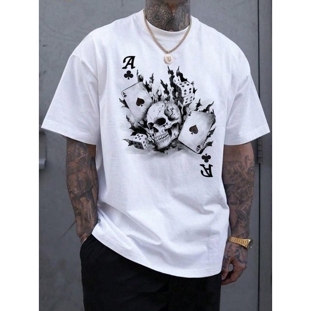 Halloween T-shirt - Men's Casual Loose Knit Skull Graphic Print Oversized Short Sleeve T-Shirt Skull T-Shirt Skull Tee Playing Cards Shirt Skull Graphic Tee Ace Of Spades T Shirt Men Skull T Shirt