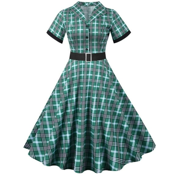 XFLWAM Plaid Cocktail Party Dress for Women's Lapel V Neck Button Down 50s 60s Vintage Dress 1950s Retro Hepburn A-Line Swing Tea Dresses Green S