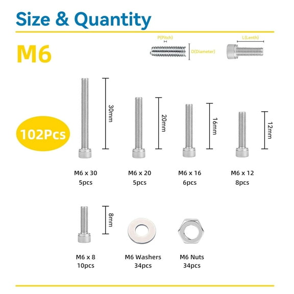 GHRTGR-102 Pcs M6 Screw Assortment, M6x8mm, 12mm, 16mm, 20mm, 30mm, Metric Hex Socket Head Cap Screws Nuts Washers Kit with Hex Wrench, Stainless Steel