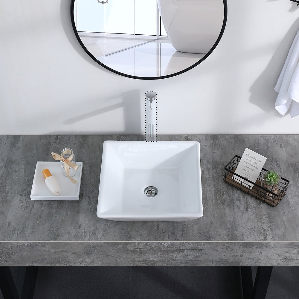 Kepooman 16" x 16" Vessel Sink, Modern Bathroom Ceramic Vessel Vanity Sink, Rectangle Above Counter Countertop Porcelain Vanity Sink with Pop Up Drain Stopper