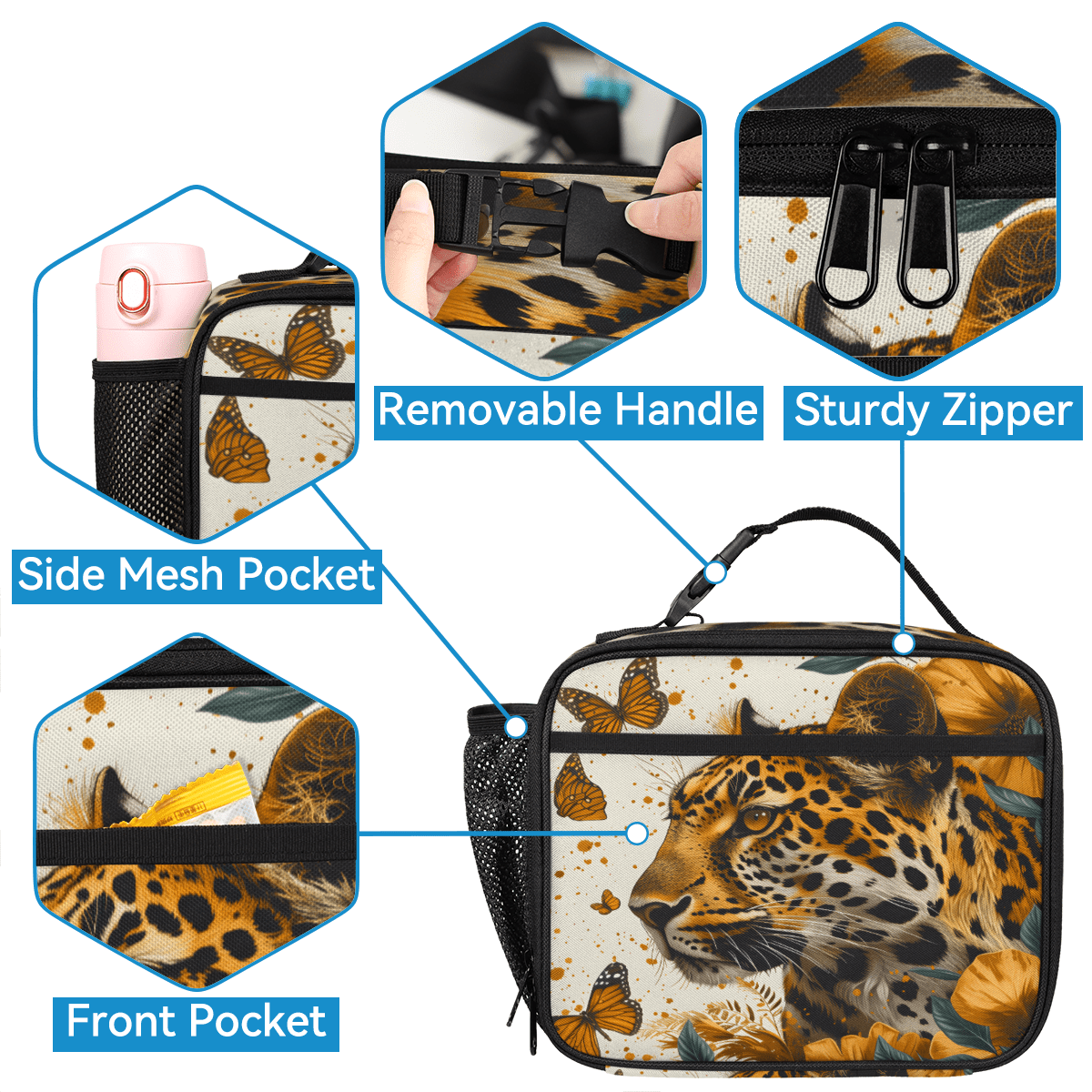 Herdesigns Leopard Backpack with Lunch Box Butterfly Leopard Print Lightweight Large Travel Work Laptop Backpacks Set Casual Daypacks