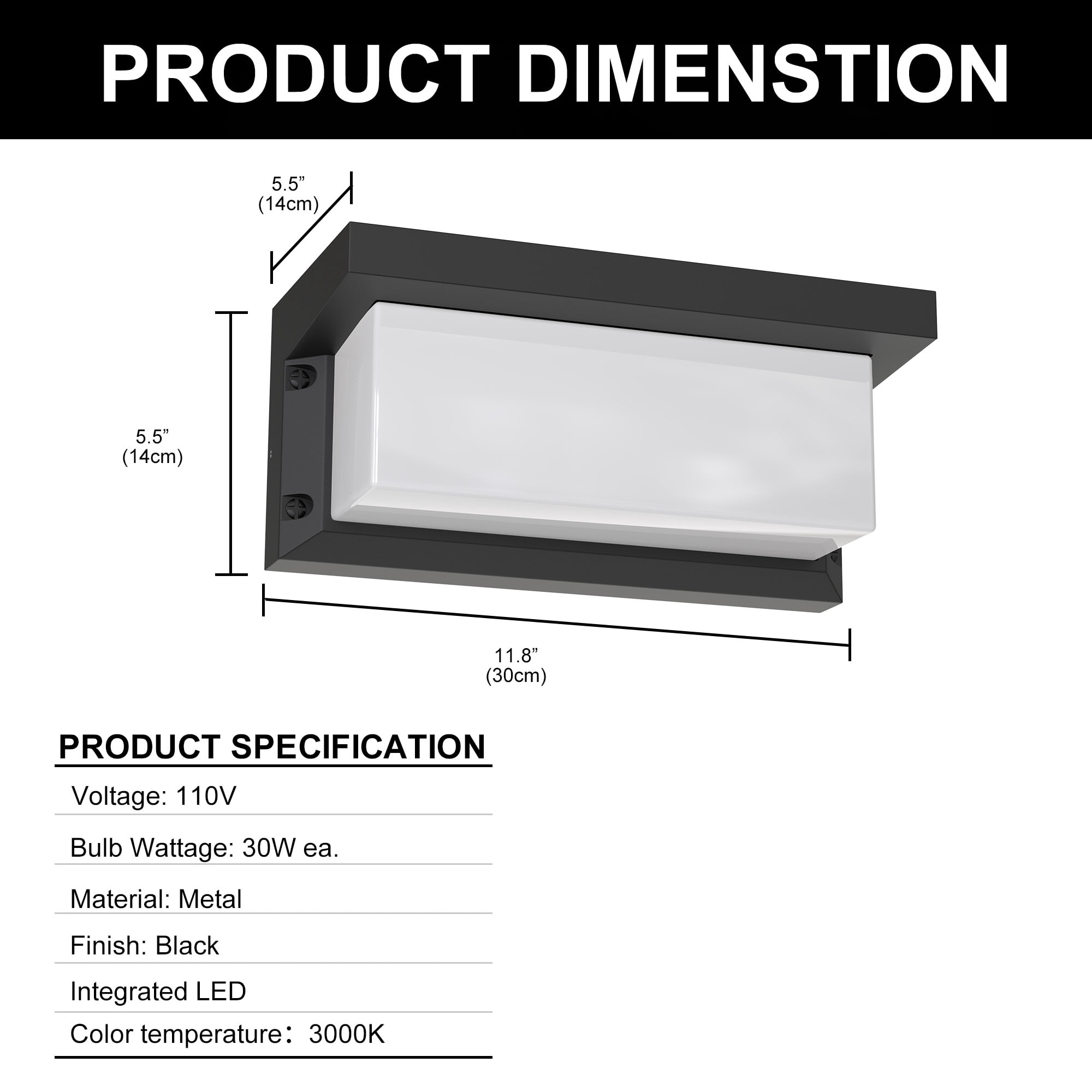 Modern Wall Sconce Lights, 30W 3000K Black Anti-Rust Matte Wall Mount Lighting，Waterproof LED Porch Patio Wall Lamp for Outdoor and Indoor Garage Hallway Garden