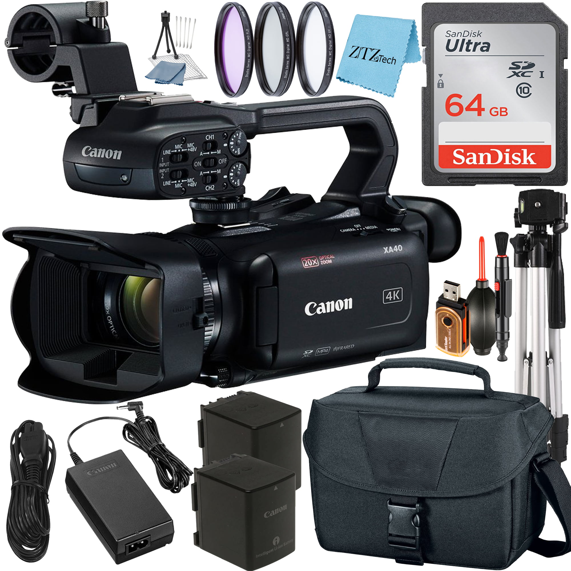 Tripod Case Canon XA40 Professional UHD 4K Video Camcorder with 2 Pack 64GB SanDisk Memory Card Filter Kit ZeeTech Accessory Bundle Microphone 