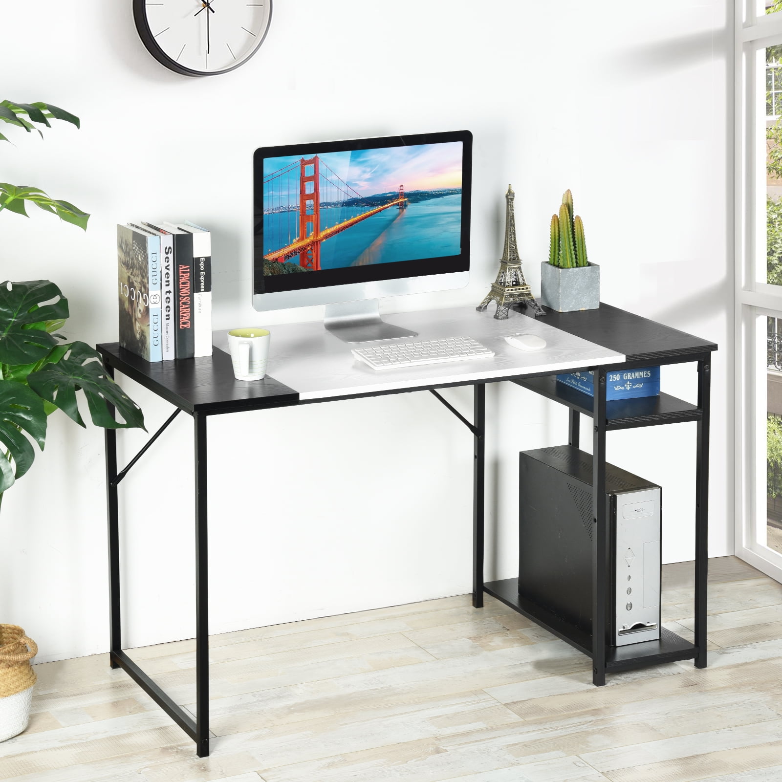 47.2" Modern Computer Desk with 2-Tier Storage Shelves, Metal Frame Waterproof Writing Workstation, Space-Saving Study Table for Home Office Bedroom