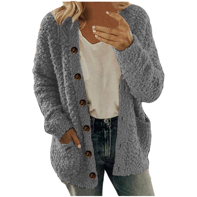 aohooy Thick Cardigan Sweaters for Women Plus Size Button Down Sherpa Cardigans with Pockets Open Front Long Sleeve Sweater Gray,XXXXL