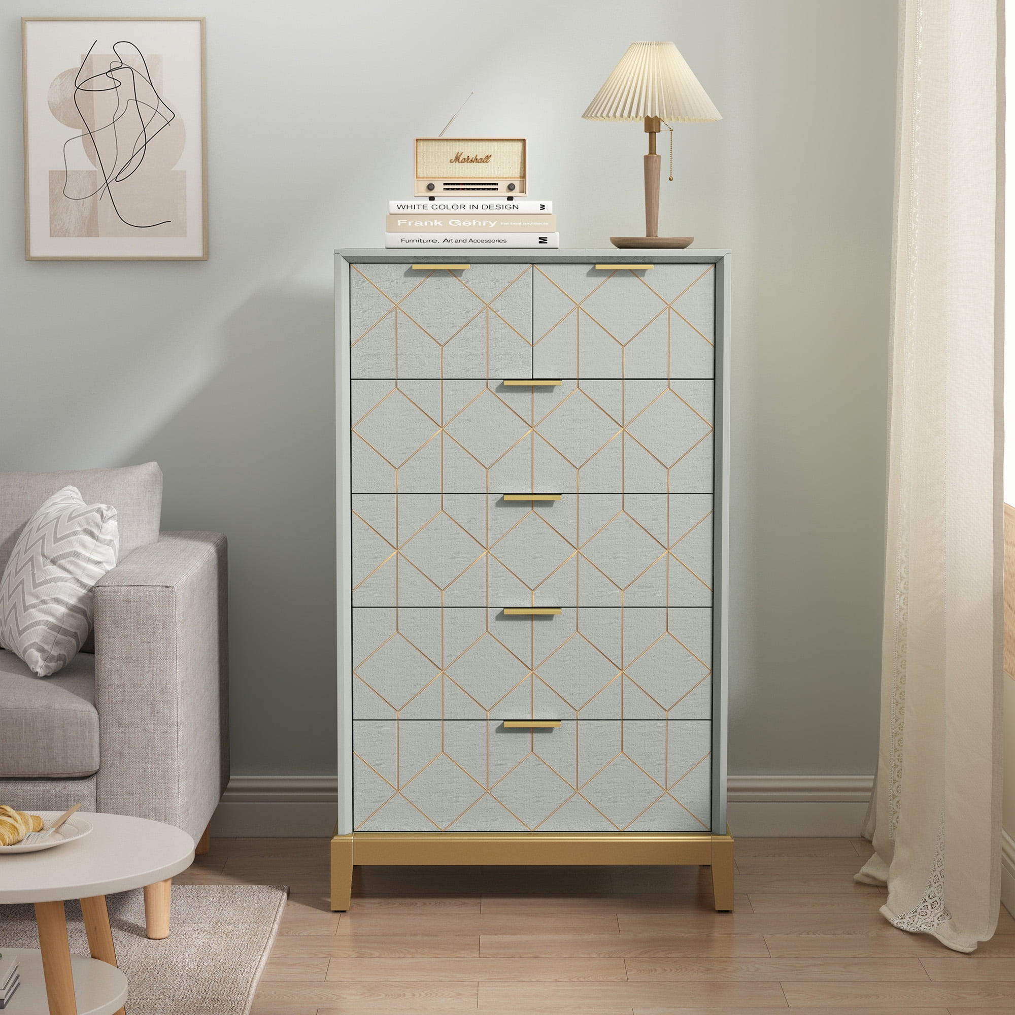 HLR Tall Storage 6-Drawer Modern Chest of Drawers with Gold Trim, Green