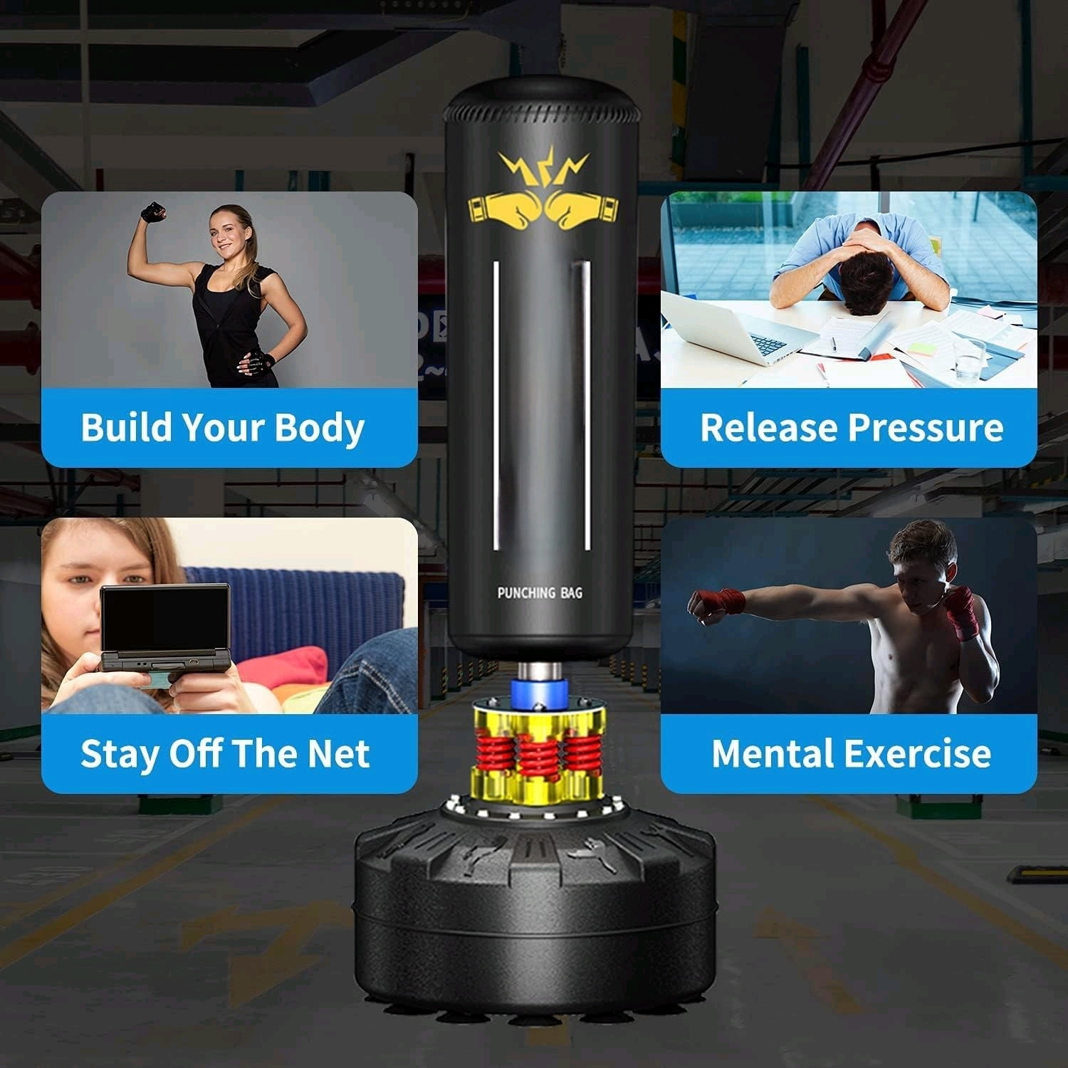 Standing Punching Bag for Adults, 205lbs Heavy Bag for Boxing, Shock Absorber, Suction Cup Base, Stand Up Punching Bag Adult, Standing Kickboxing Bag for Home Office Gym
