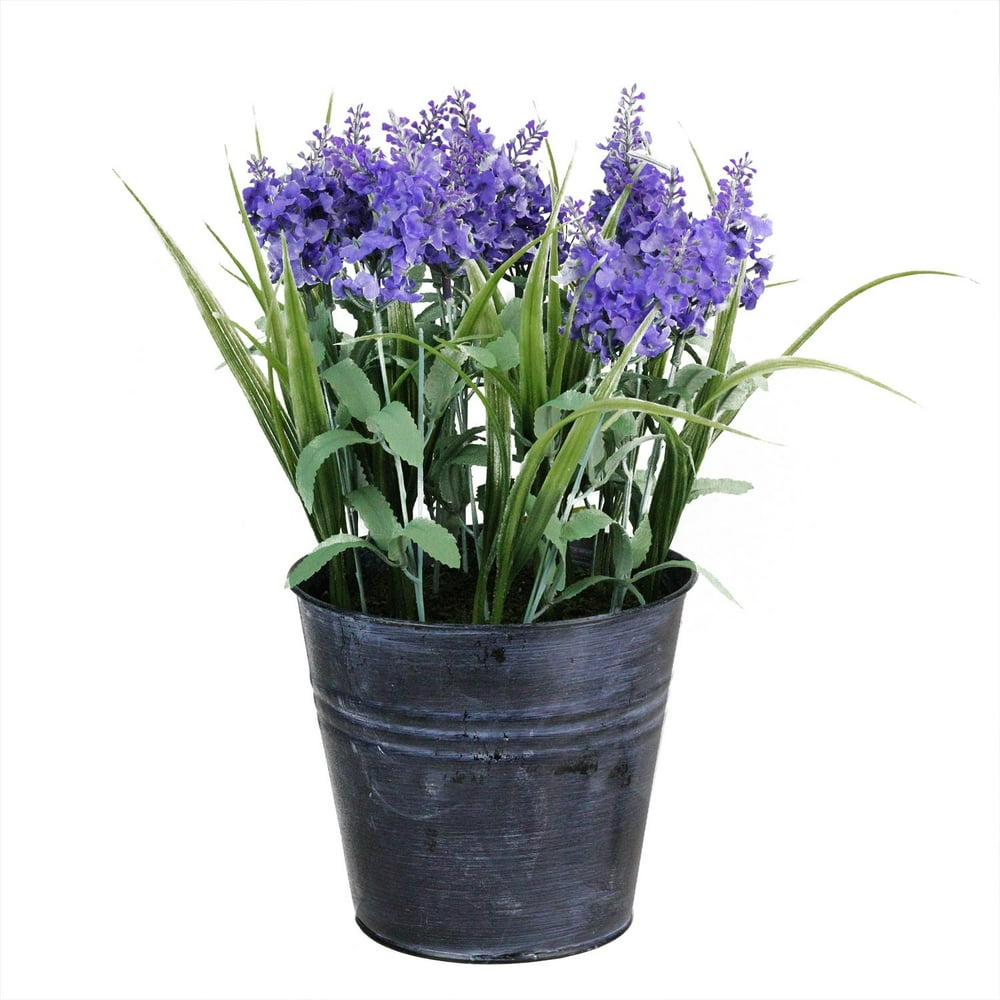 12" Artificial Lavender Arrangement in Decorative Distressed Blue Pot