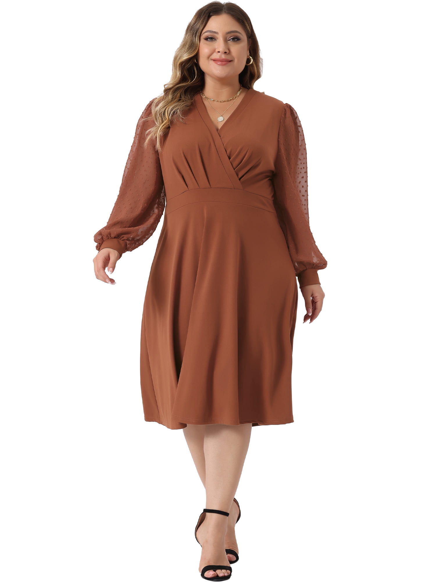DARING DIVA Plus Size Swiss Dots Wrap V Neck Knee Length Dress 2X Caramel
