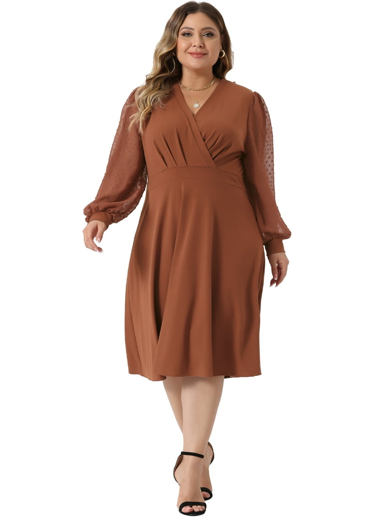women's plus size brown dress DARING DIVA Swiss Dots Wrap V Neck Knee Length 1X Caramel breathable Tencel ribbed knit