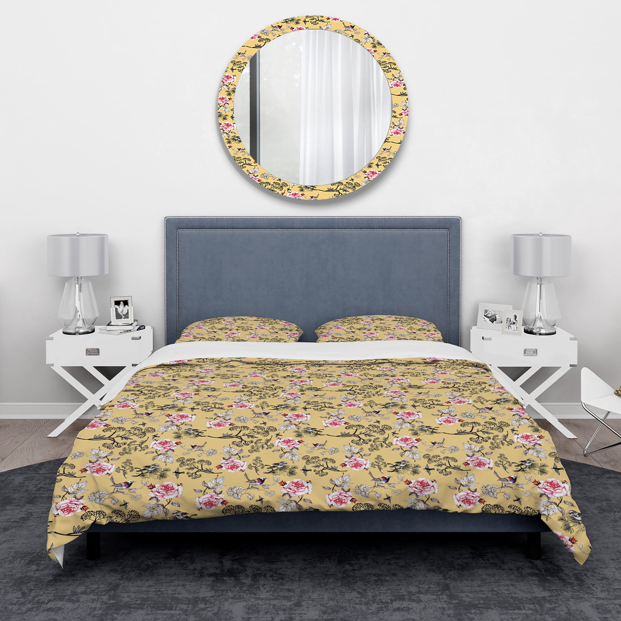 Designart 'Floral and Birds in Yellow Background' Traditional Duvet Cover Set