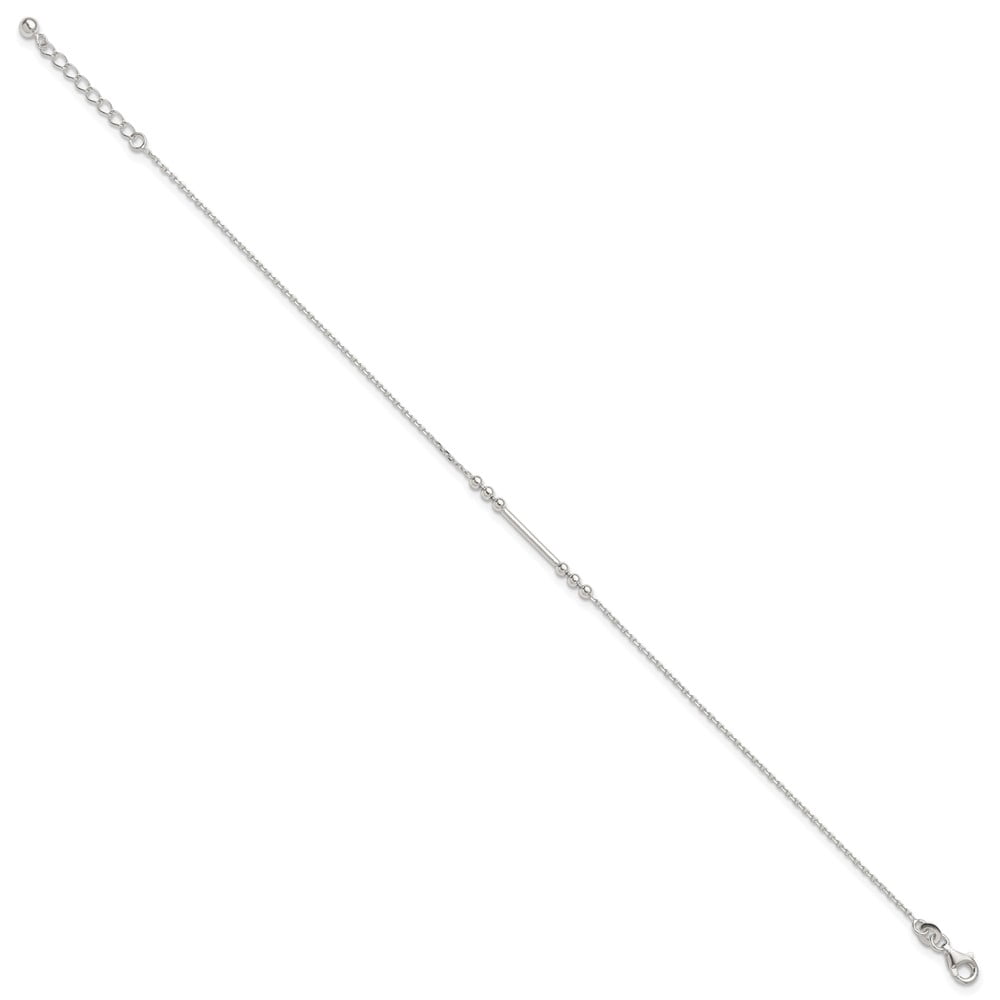 Sterling Silver Polished Beads and Bar 9 inch with 1 inch Extension Anklet