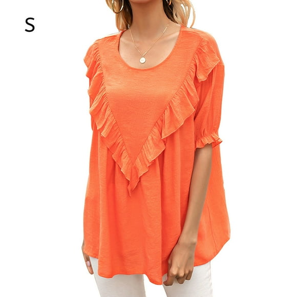 Camiseta de mujer de manga corta, cuello redondo, camisa con volantes, camiseta holgada de verano, naranja, S seitruly AP001237-13